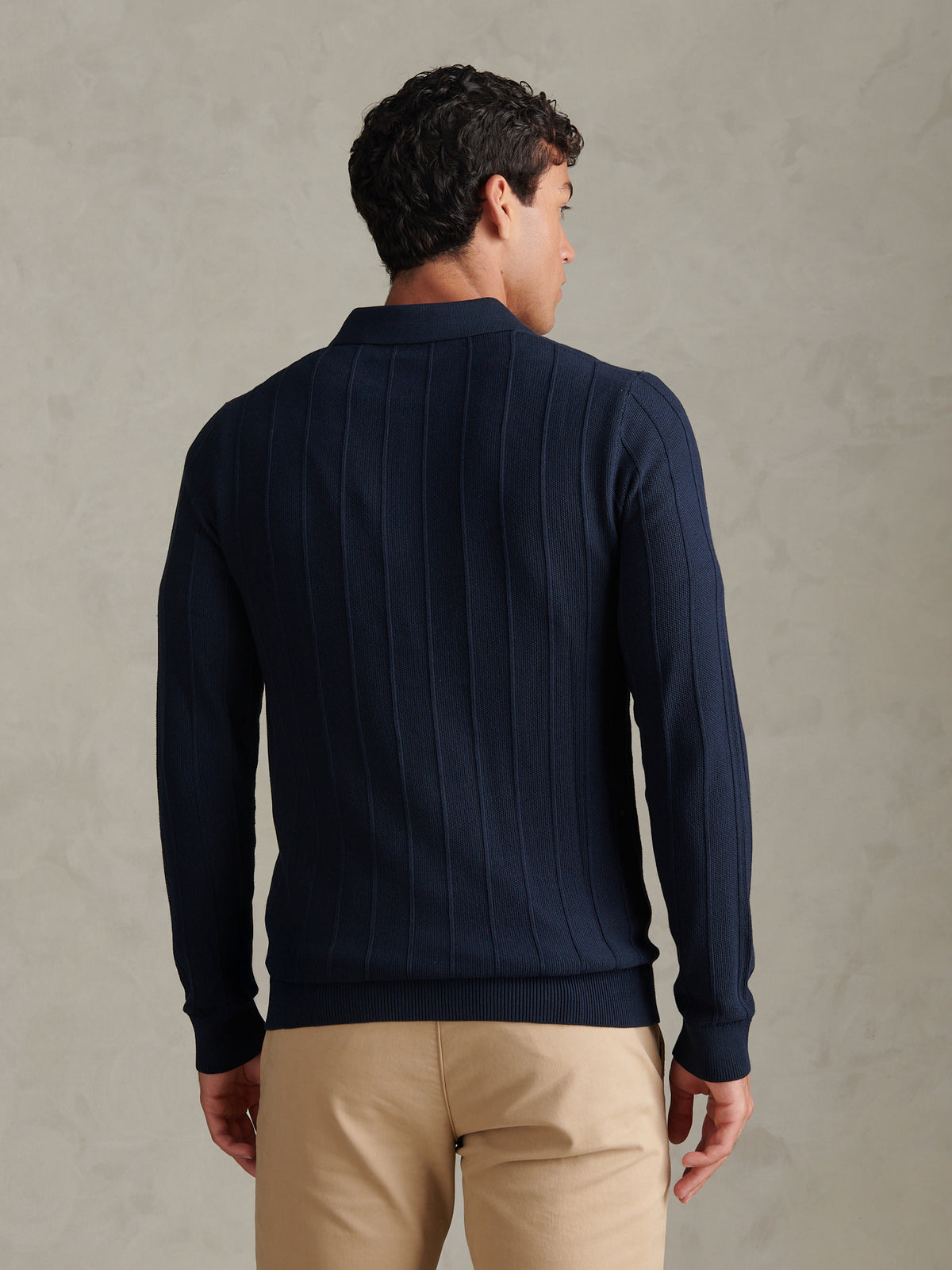 Mens Long Sleeve Zip Knit Polo Shirt Dark Sapphire Navy / Moonlight Blue DHM