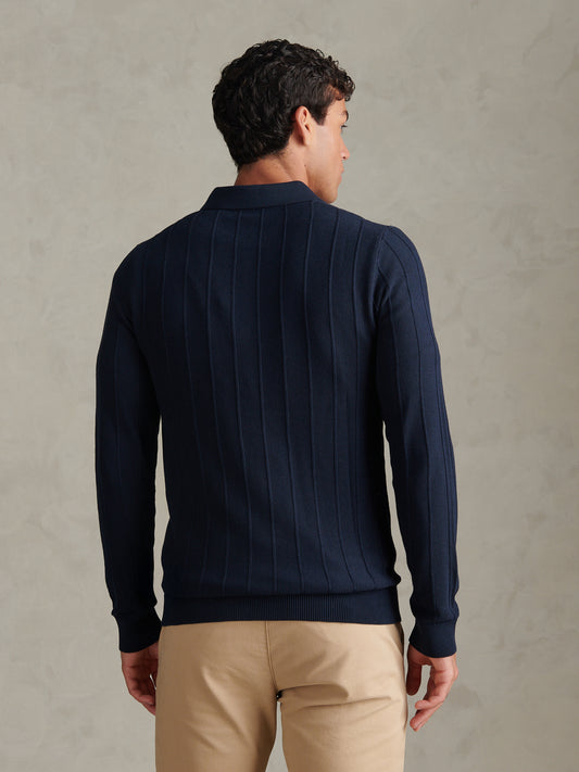 Mens Long Sleeve Zip Knit Polo Shirt Dark Sapphire Navy / Moonlight Blue DHM
