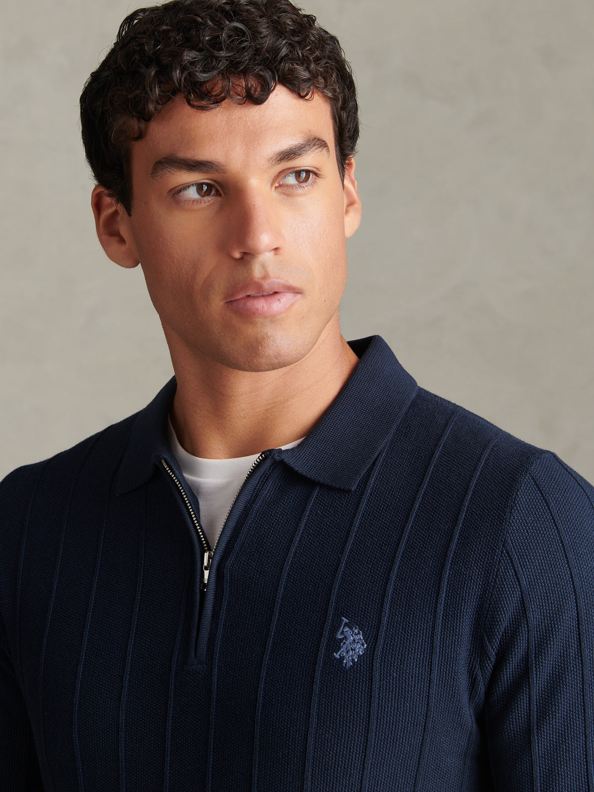 Mens Long Sleeve Zip Knit Polo Shirt Dark Sapphire Navy / Moonlight Blue DHM