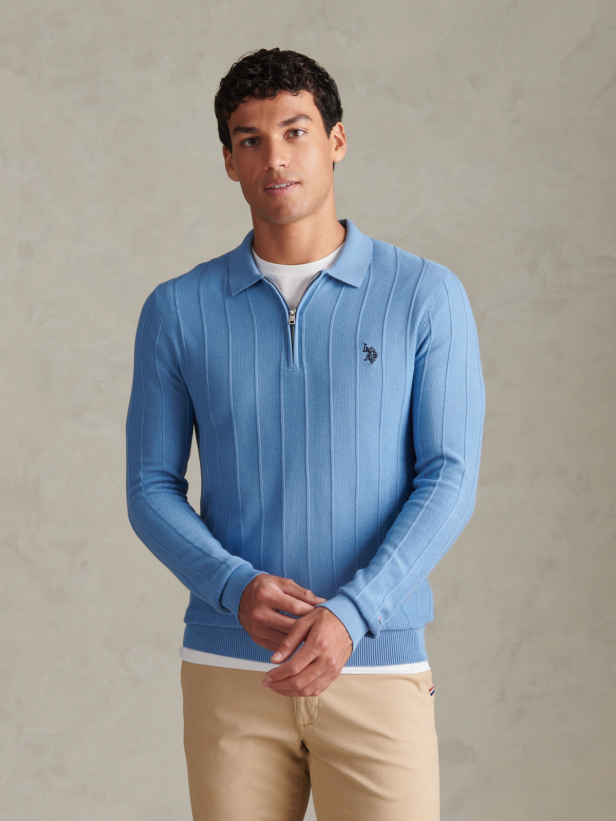 Mens Long Sleeve Zip Knit Polo Shirt Ashleigh Blue Marl