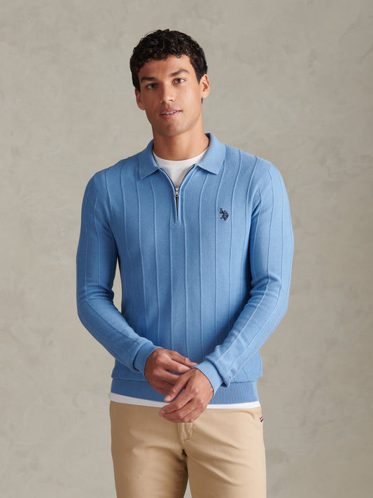 Mens Long Sleeve Zip Knit Polo Shirt Ashleigh Blue Marl