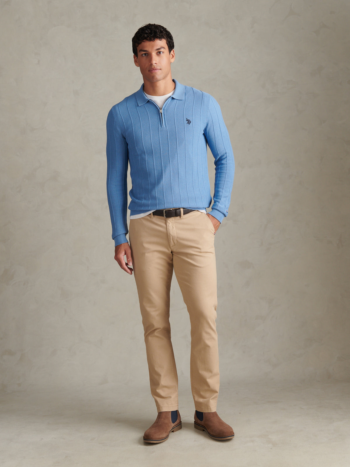 Mens Long Sleeve Zip Knit Polo Shirt Ashleigh Blue Marl