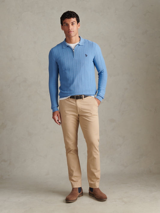 Mens Long Sleeve Zip Knit Polo Shirt Ashleigh Blue Marl