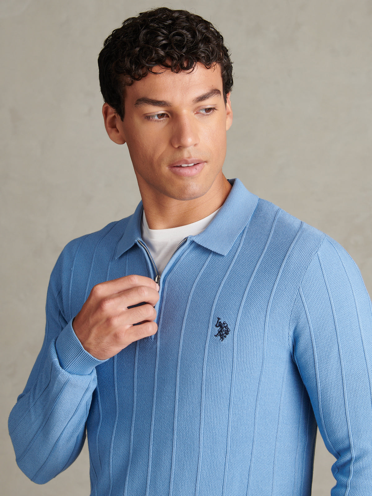 Mens Long Sleeve Zip Knit Polo Shirt Ashleigh Blue Marl
