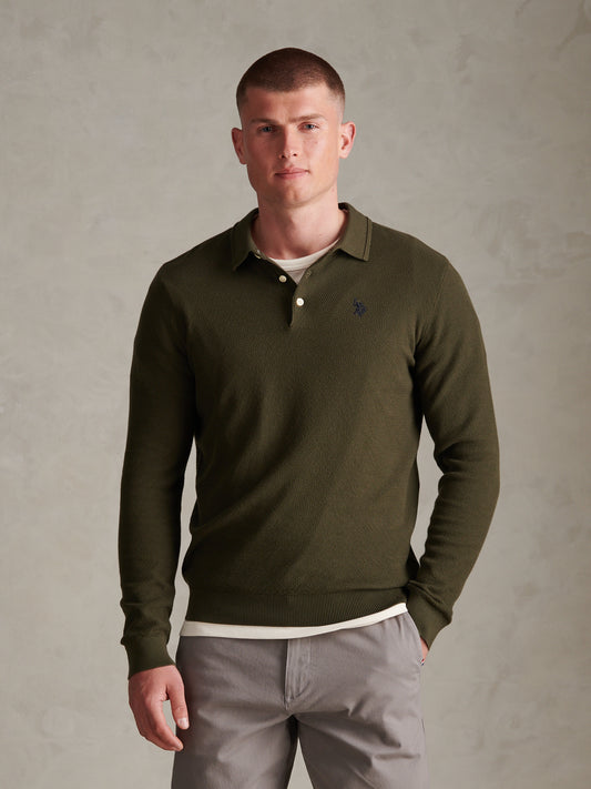 Mens Moss Stitch Long Sleeve Knit Polo Shirt Forest Night