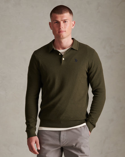 Mens Moss Stitch Long Sleeve Knit Polo Shirt Forest Night