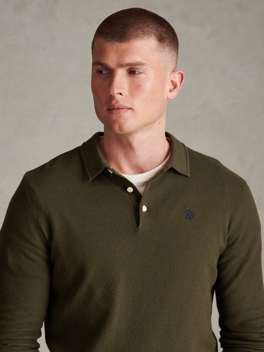 Mens Moss Stitch Long Sleeve Knit Polo Shirt Forest Night