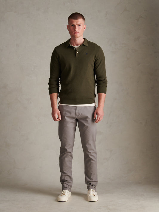 Mens Moss Stitch Long Sleeve Knit Polo Shirt Forest Night