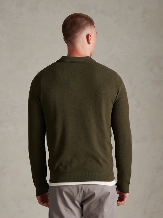 Mens Moss Stitch Long Sleeve Knit Polo Shirt Forest Night