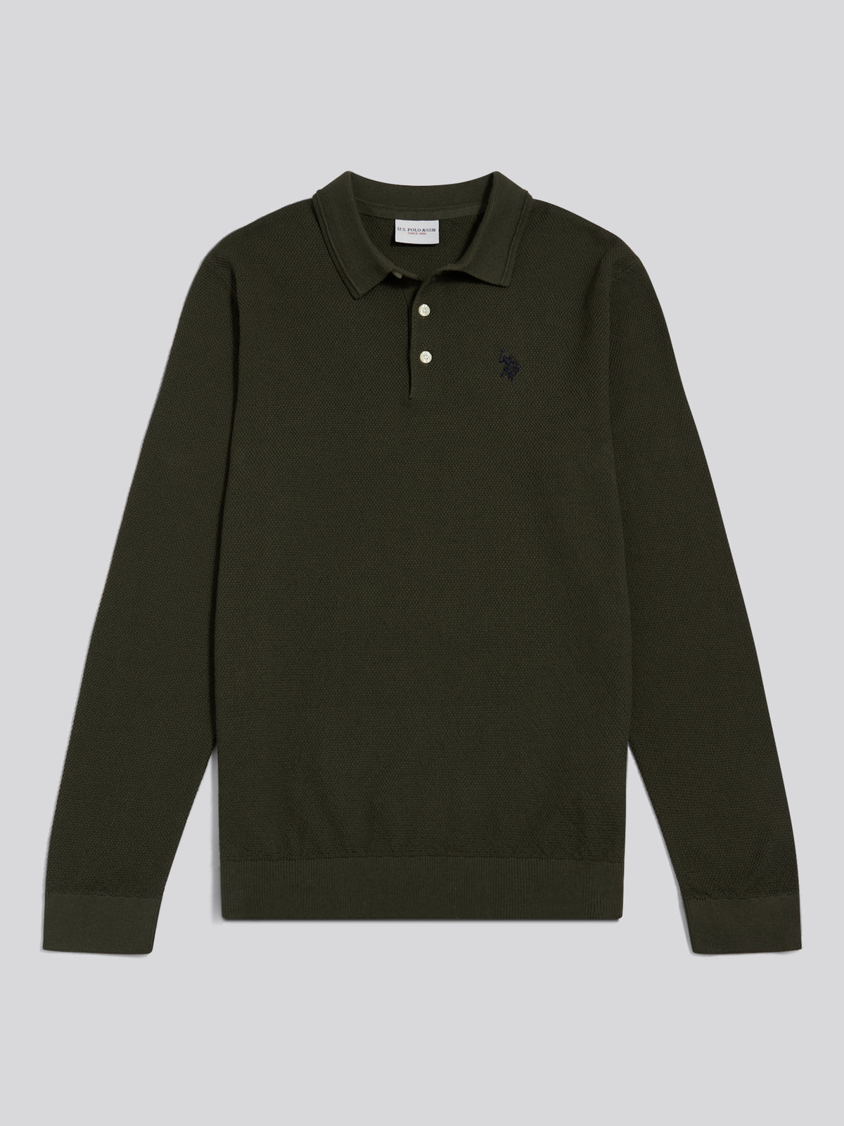 Mens Moss Stitch Long Sleeve Knit Polo Shirt Forest Night