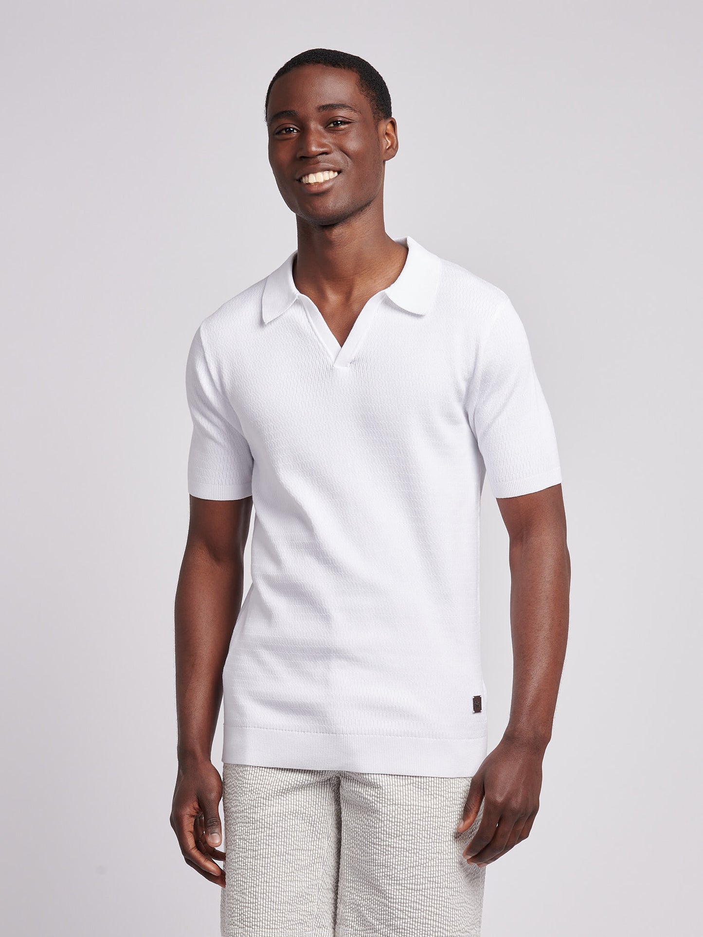 Mens Texture Open Collar Knit Polo Shirt in Bright White