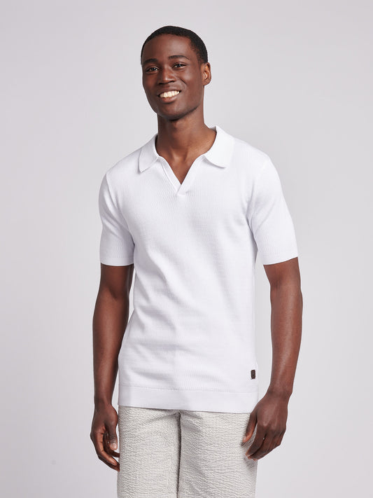 Mens Texture Open Collar Knit Polo Shirt in Bright White