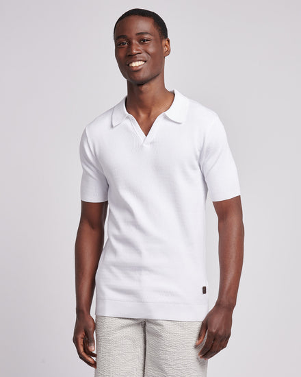Mens Texture Open Collar Knit Polo Shirt in Bright White