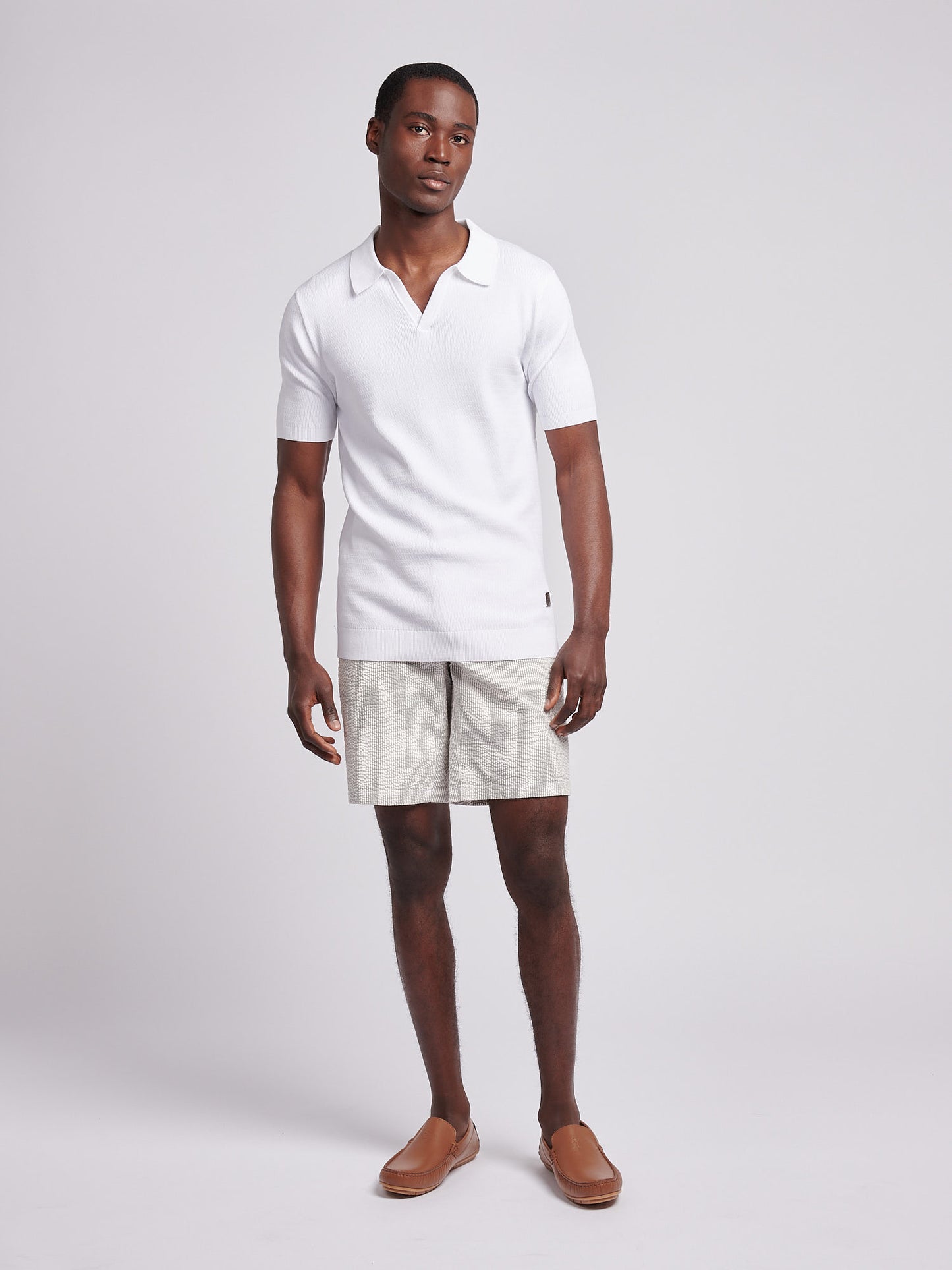 Mens Texture Open Collar Knit Polo Shirt in Bright White