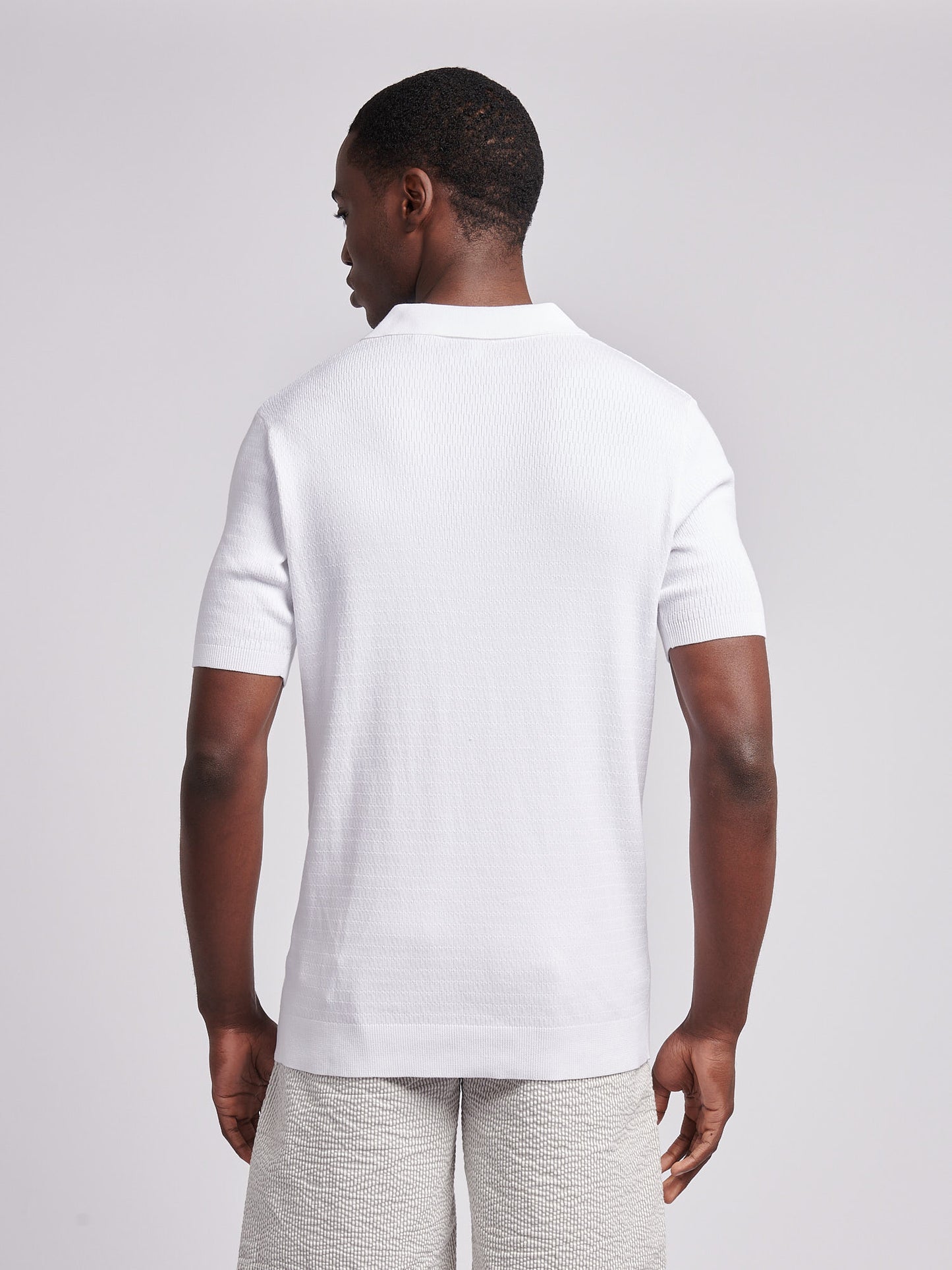 Mens Texture Open Collar Knit Polo Shirt in Bright White