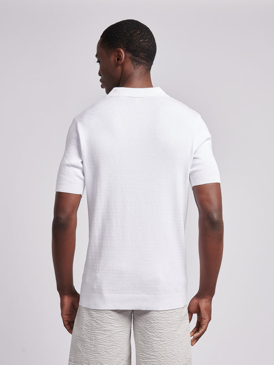 Mens Texture Open Collar Knit Polo Shirt in Bright White