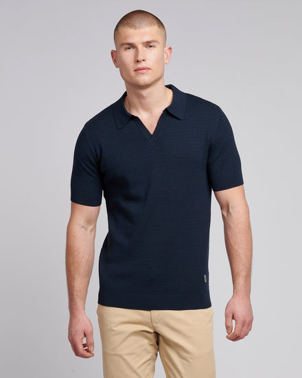 Mens Texture Open Collar Knit Polo Shirt in Dark Sapphire Navy