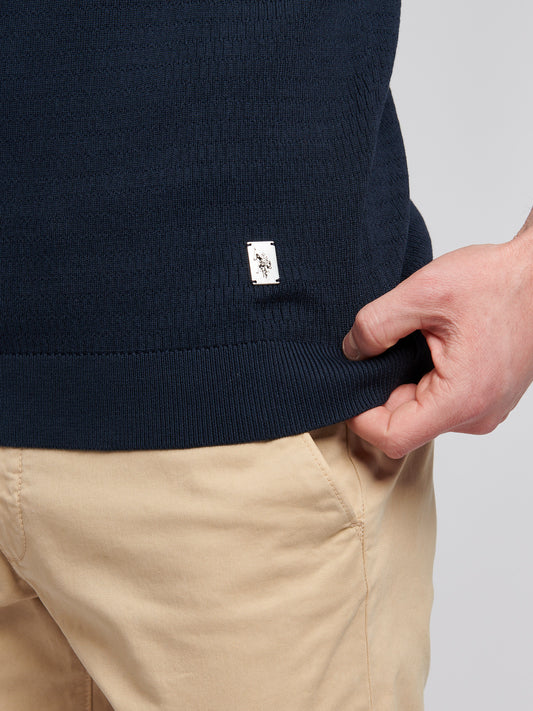 Mens Texture Open Collar Knit Polo Shirt in Dark Sapphire Navy