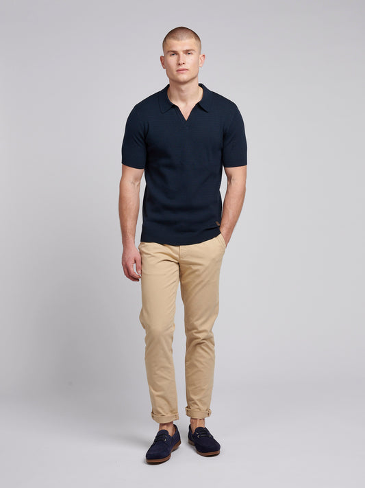 Mens Texture Open Collar Knit Polo Shirt in Dark Sapphire Navy