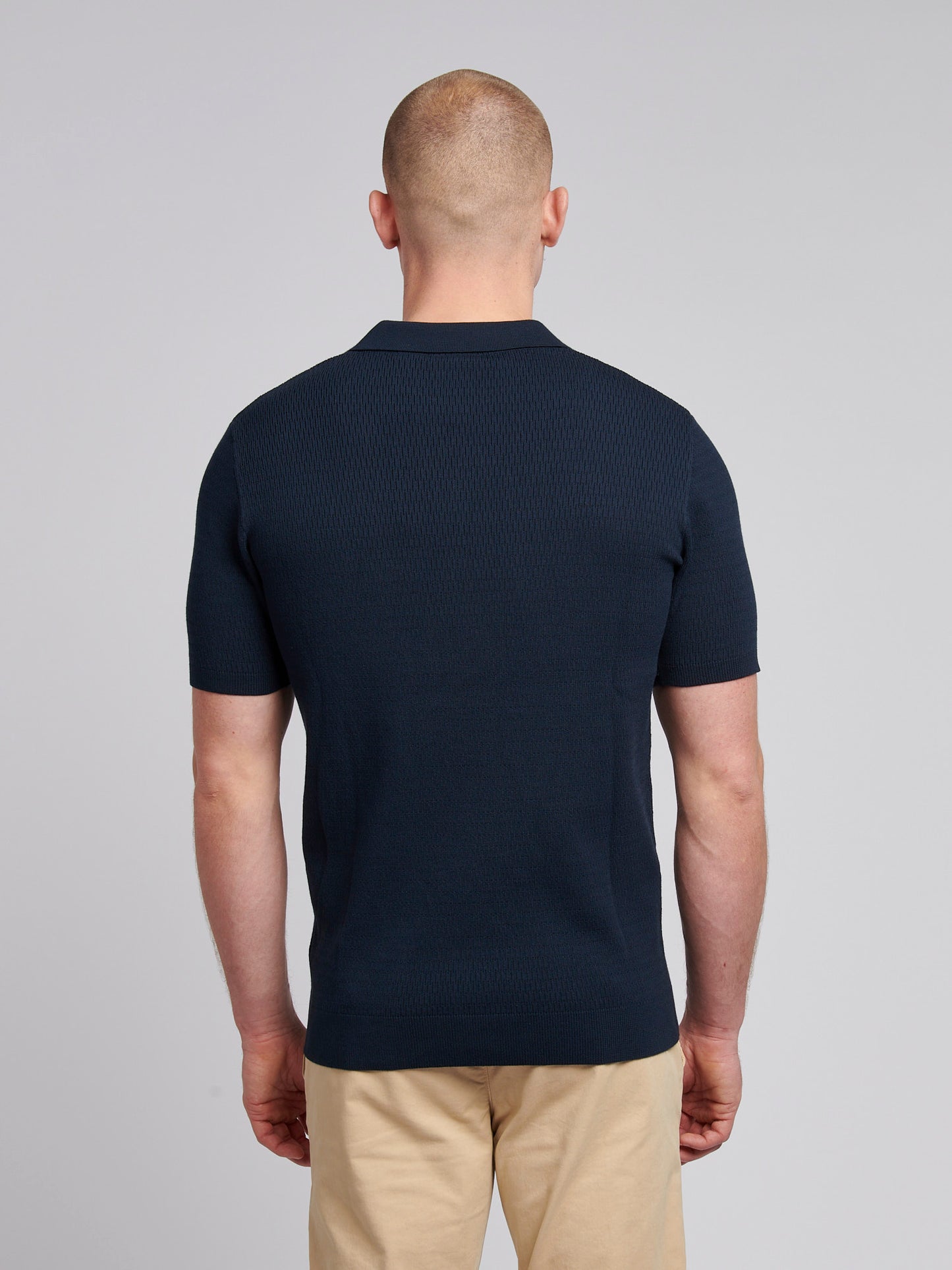 Mens Texture Open Collar Knit Polo Shirt in Dark Sapphire Navy