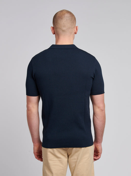 Mens Texture Open Collar Knit Polo Shirt in Dark Sapphire Navy