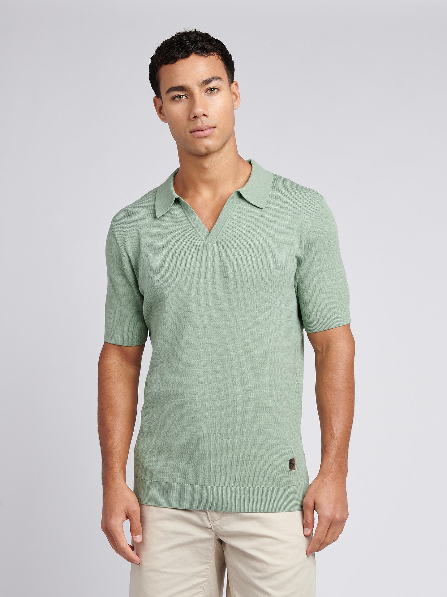 Mens Texture Open Collar Knit Polo Shirt in Green Bay