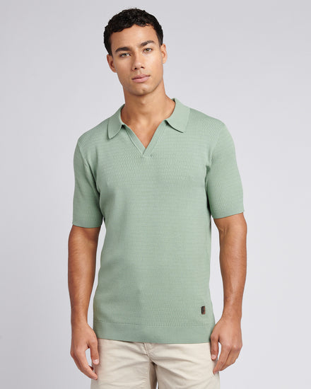 Mens Texture Open Collar Knit Polo Shirt in Green Bay
