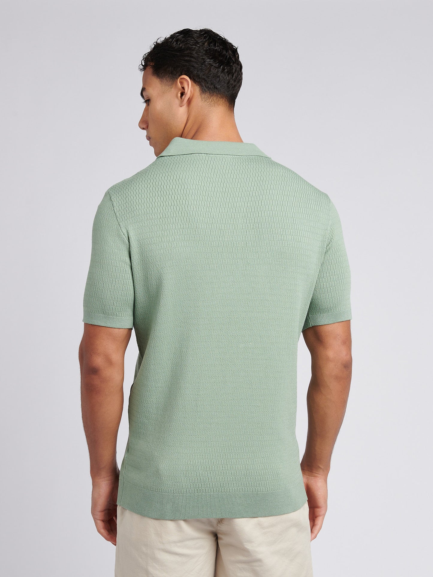 Mens Texture Open Collar Knit Polo Shirt in Green Bay