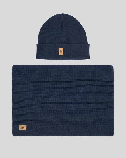 Mens Luxury Rib Knit Beanie & Scarf Set Dark Sapphire Navy
