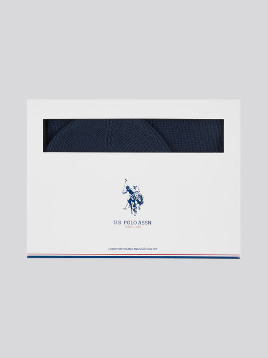 Mens Luxury Rib Knit Beanie & Scarf Set in Dark Sapphire Navy