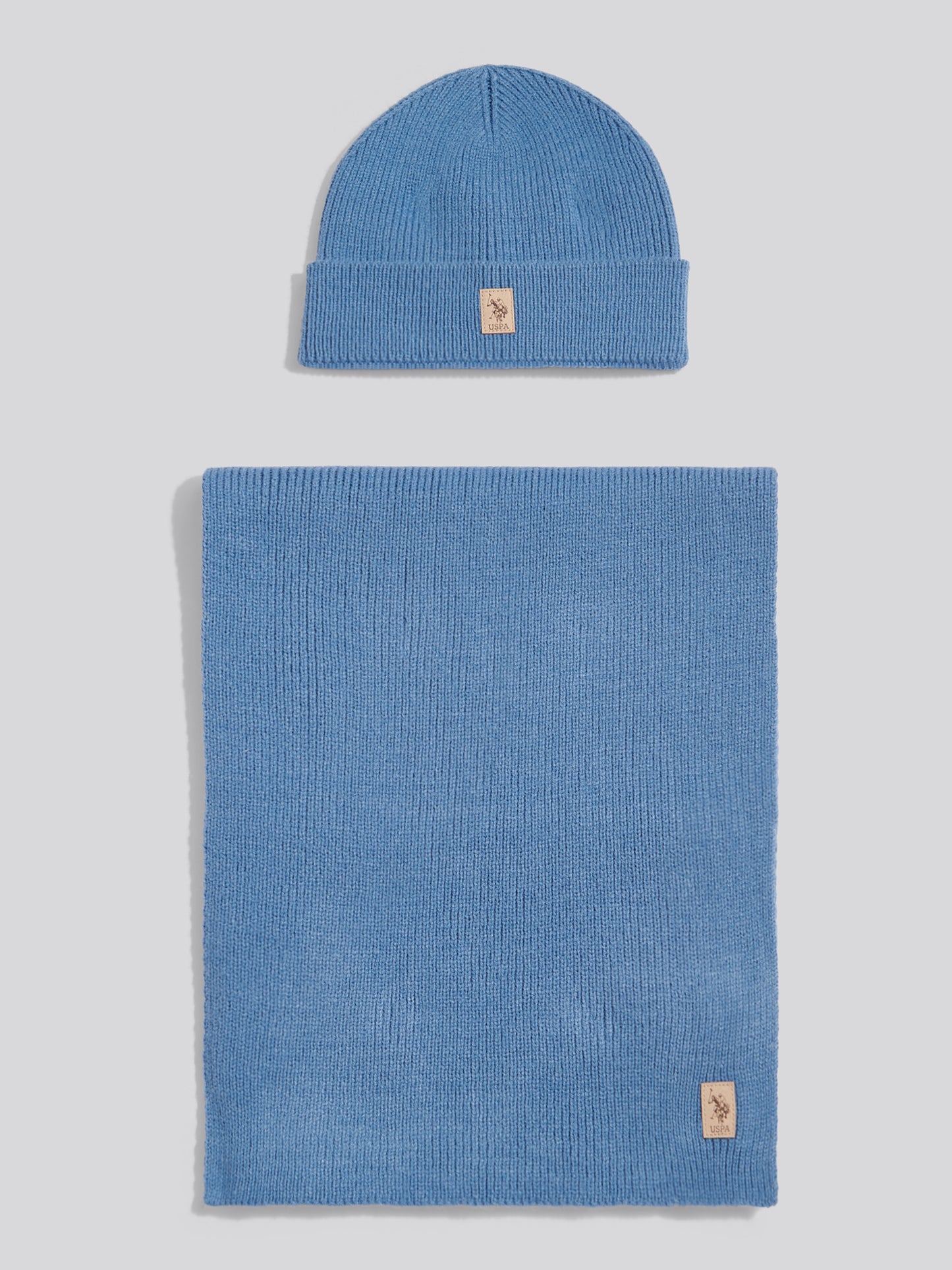 Mens Luxury Rib Knit Beanie & Scarf Set Blue Horizon Marl