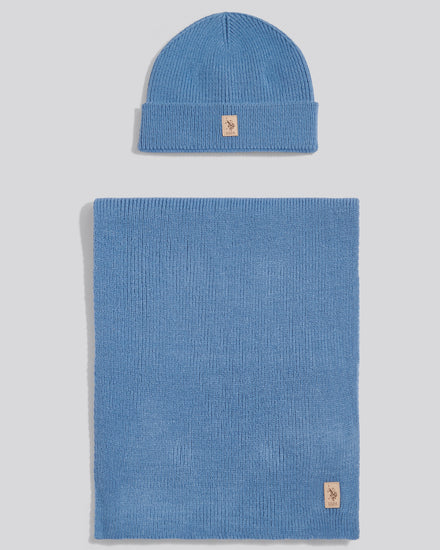 Mens Luxury Rib Knit Beanie & Scarf Set Blue Horizon Marl