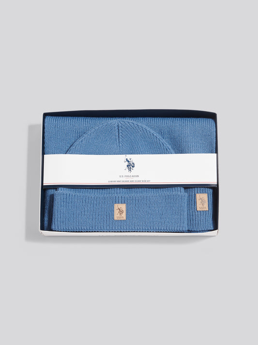 Mens Luxury Rib Knit Beanie & Scarf Set Blue Horizon Marl