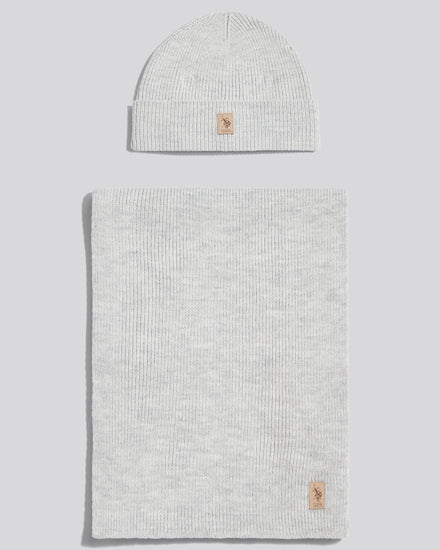 Mens Luxury Rib Knit Beanie & Scarf Set Mid Grey Marl