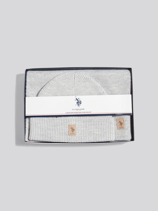 Mens Luxury Rib Knit Beanie & Scarf Set Mid Grey Marl
