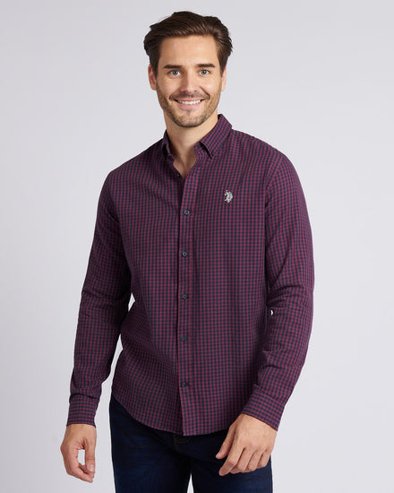 Mens Herringbone Weave Peached Gingham Shirt in Grape Wine
