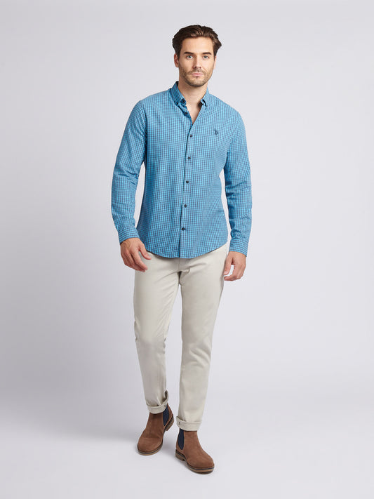 Mens Herringbone Weave Peached Gingham Shirt in Heritage Blue