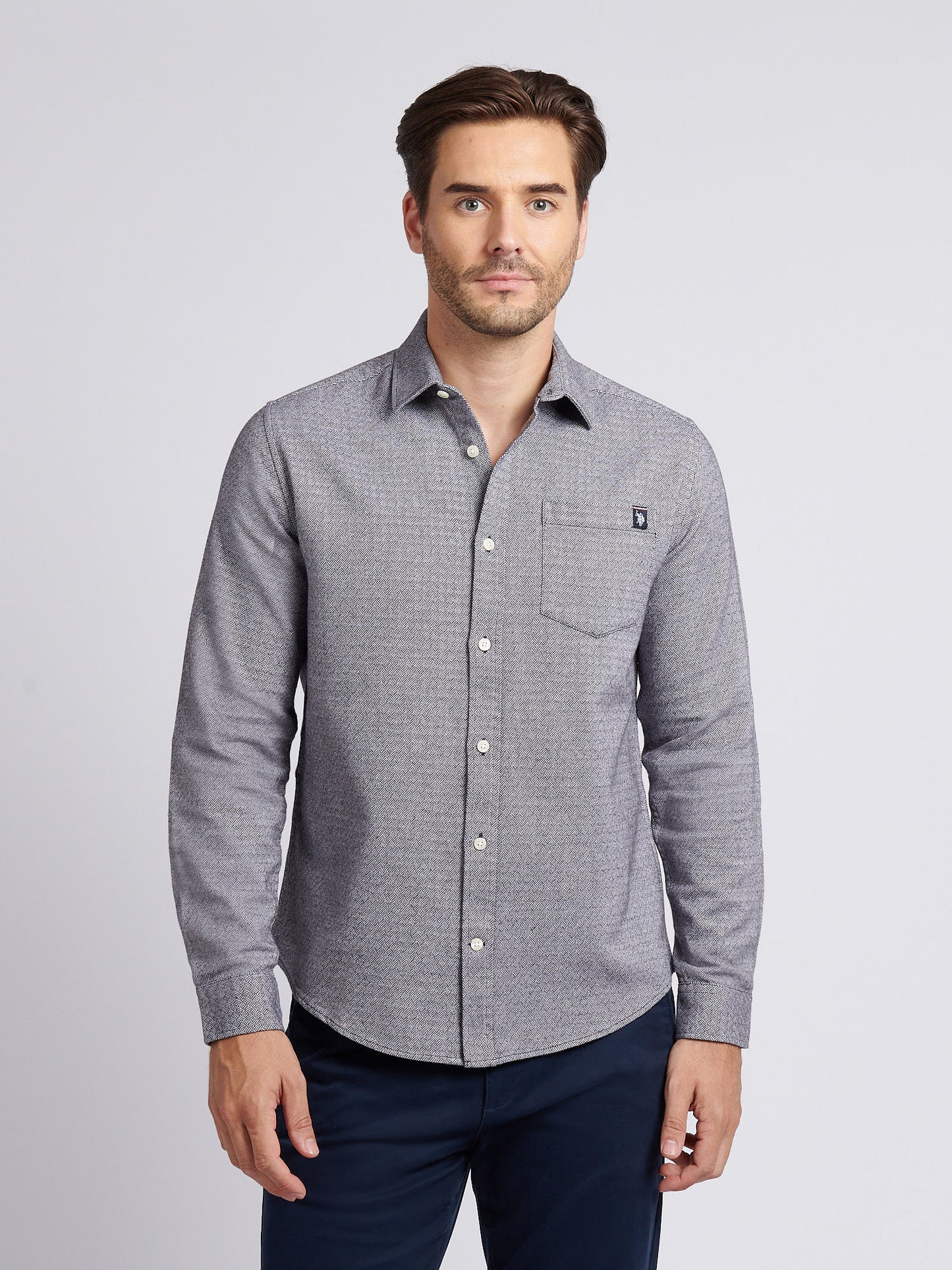 Mens Herringbone Crosshatch Textured Shirt in Dark Sapphire Navy