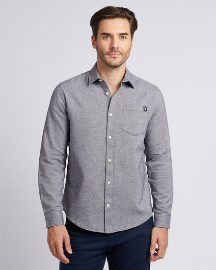 Mens Herringbone Crosshatch Textured Shirt in Dark Sapphire Navy