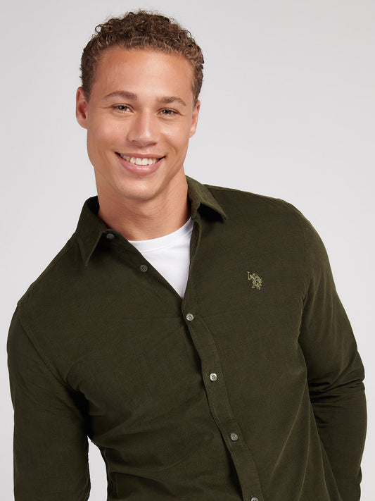 Mens Textured Corduroy Shirt in Forest Night