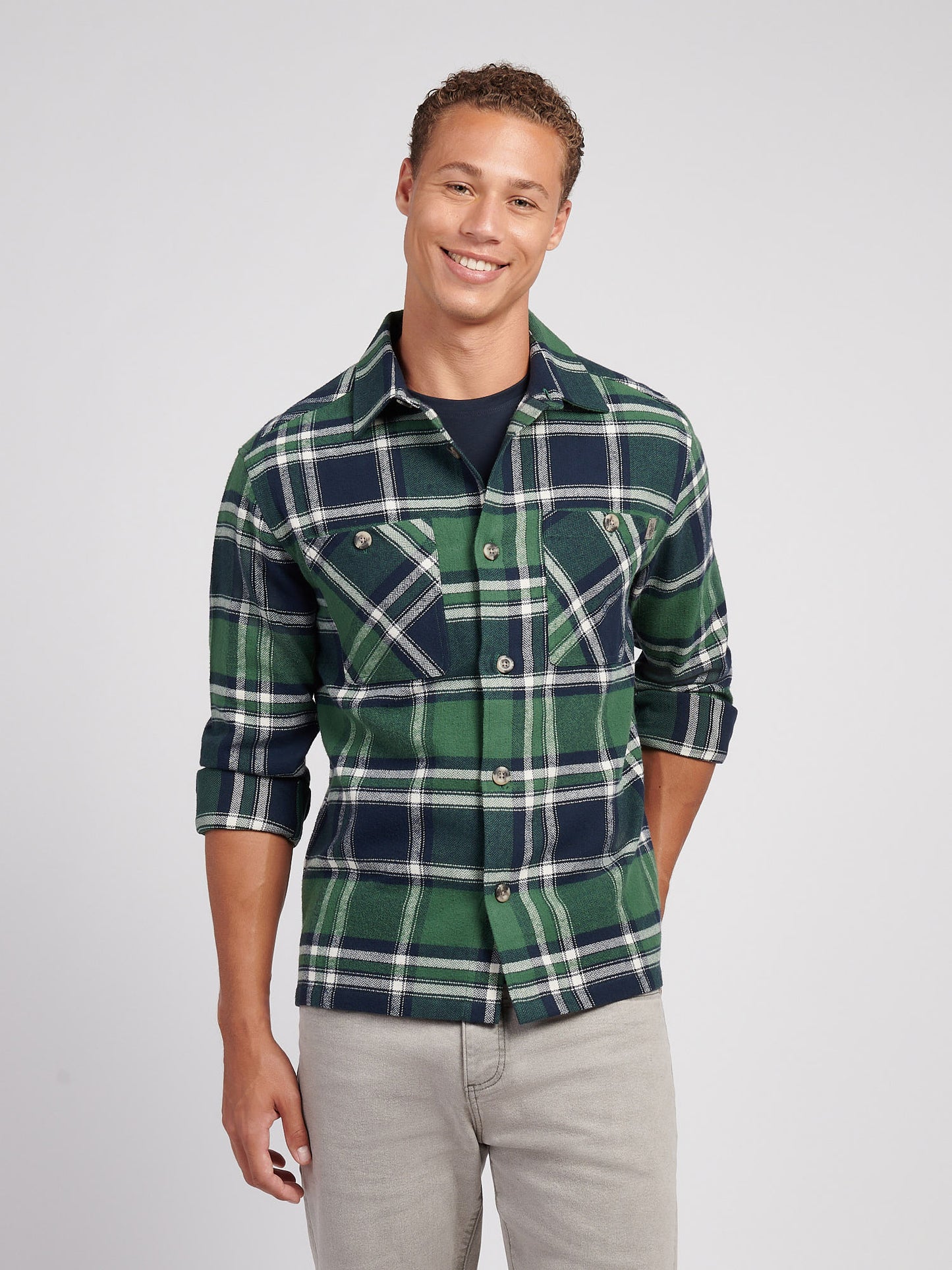 Mens Enlarged Check Overshirt in Pineneedle
