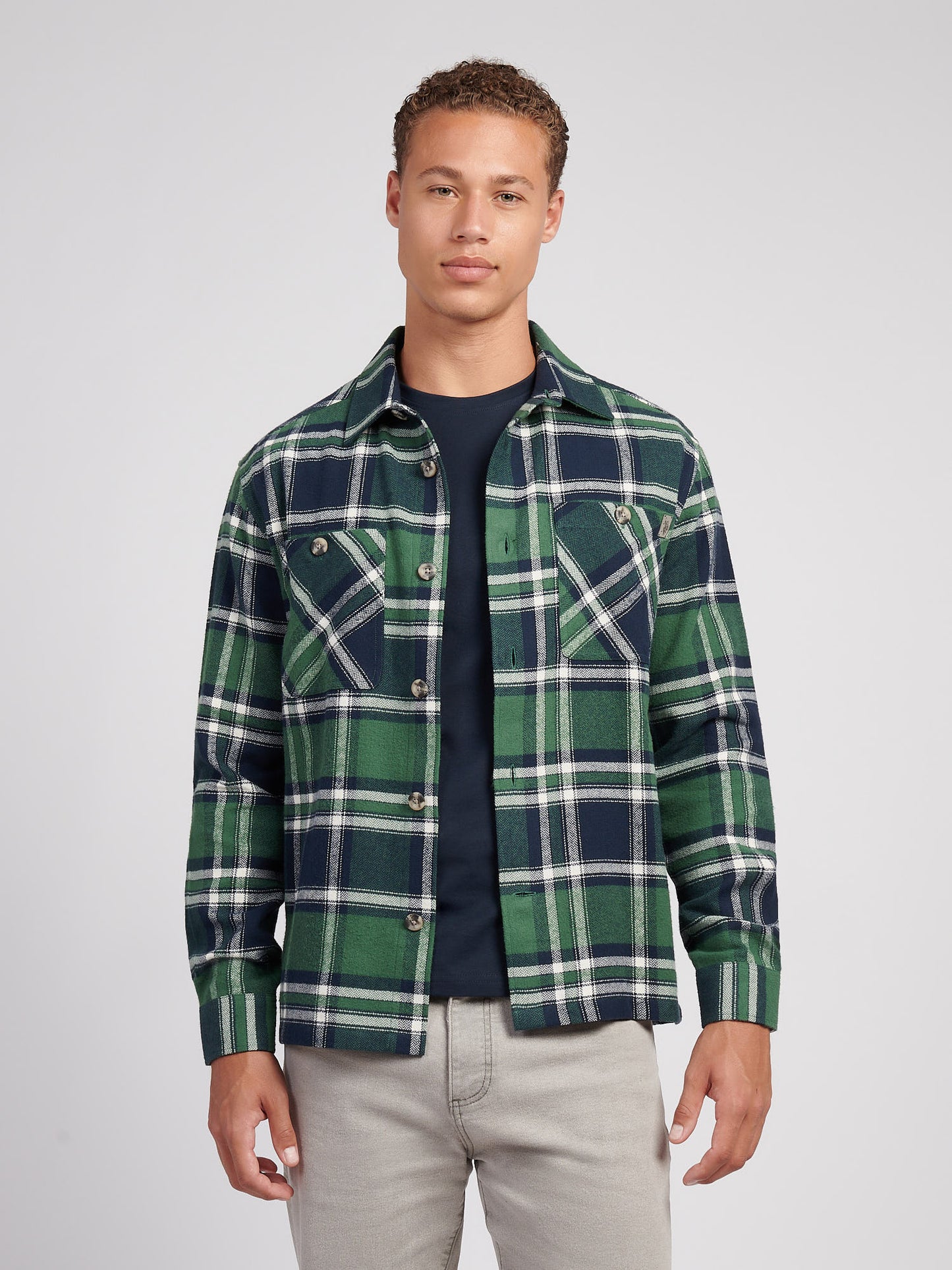 Mens Enlarged Check Overshirt in Pineneedle