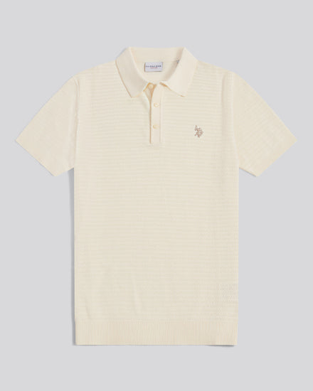 Mens Herringbone Texture Knit Polo Shirt Whisper White