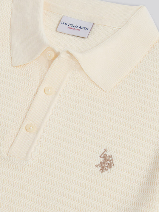 Mens Herringbone Texture Knit Polo Shirt Whisper White