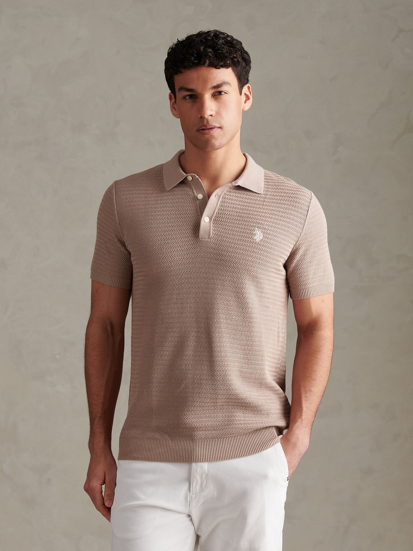 Mens Herringbone Texture Knit Polo Shirt Atmosphere
