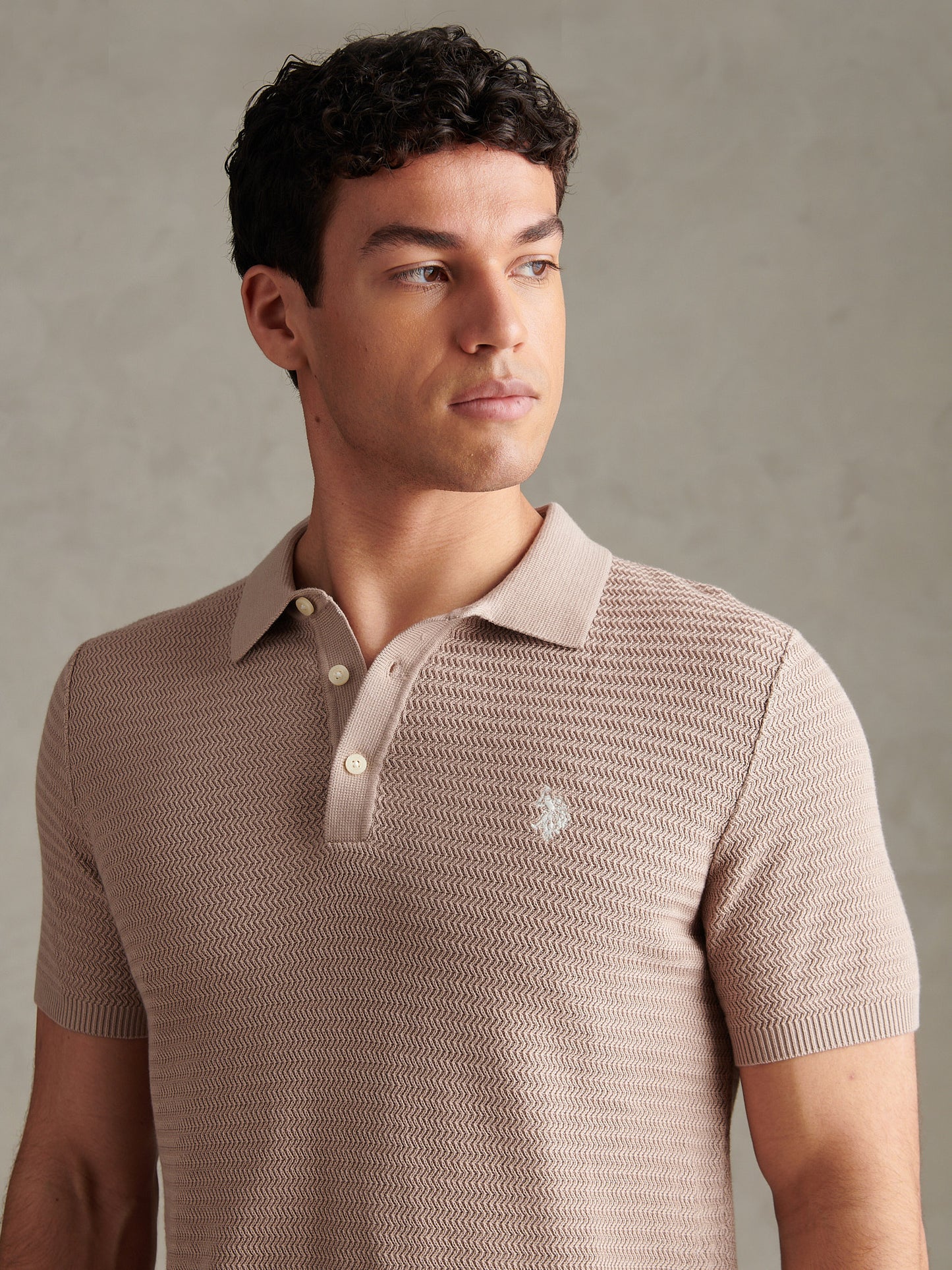 Mens Herringbone Texture Knit Polo Shirt Atmosphere