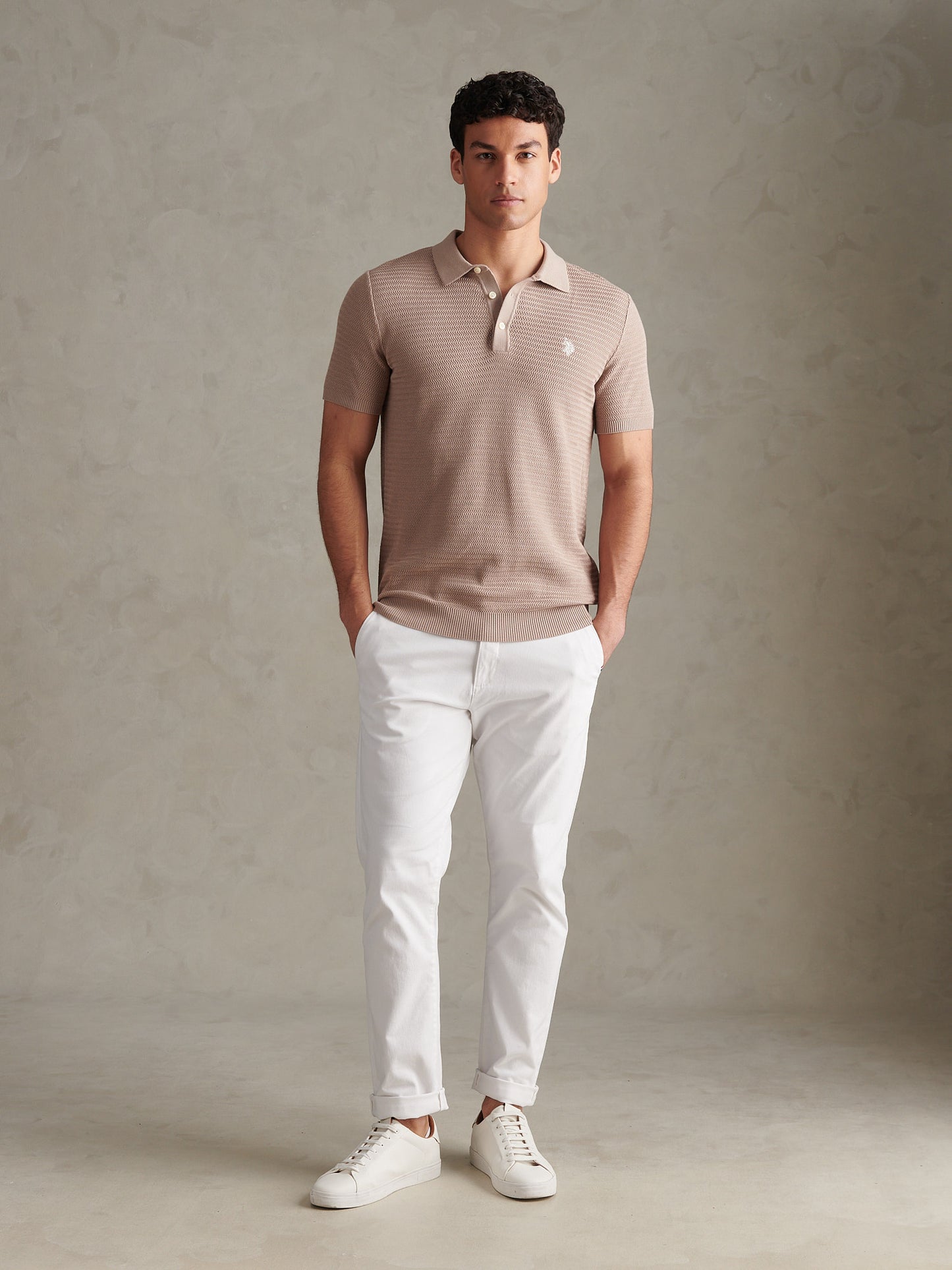Mens Herringbone Texture Knit Polo Shirt Atmosphere