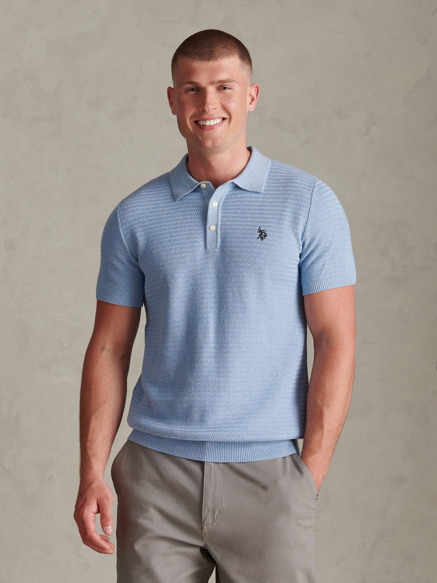Mens Herringbone Texture Knit Polo Shirt Parisian Blue Marl