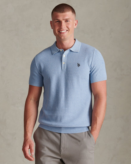 Mens Herringbone Texture Knit Polo Shirt Parisian Blue Marl