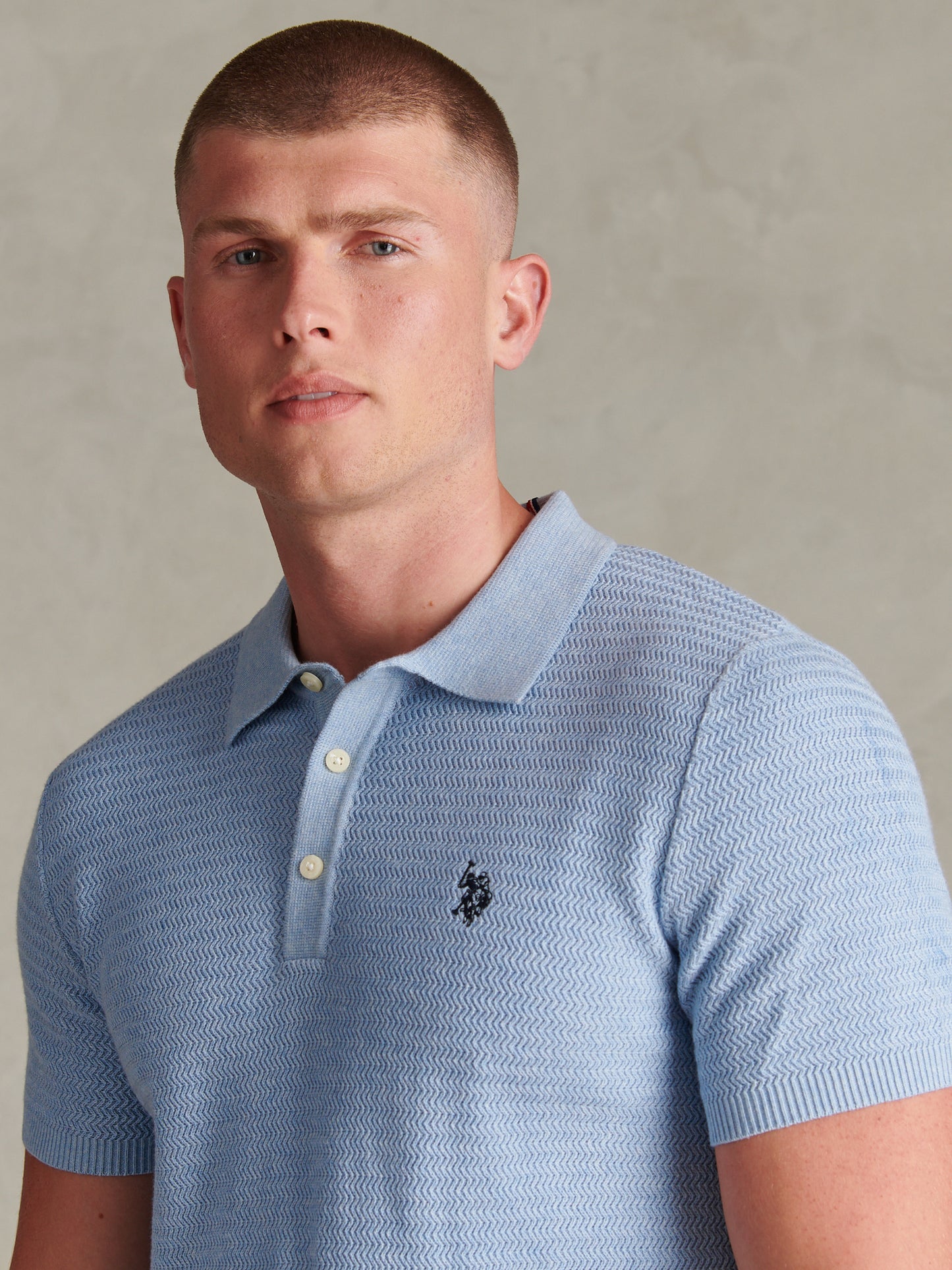 Mens Herringbone Texture Knit Polo Shirt Parisian Blue Marl